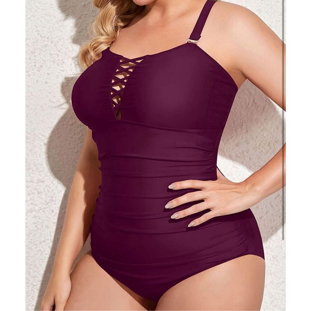 Yonique Women Plus Size One Piece Swimsuits Tummy Control Bathing Suits Vintage - Picture 2 of 5